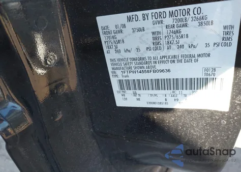 2008 Ford F150 Supercrew z USA, uszkodzony, nr VIN 1FTPW14558FB09636